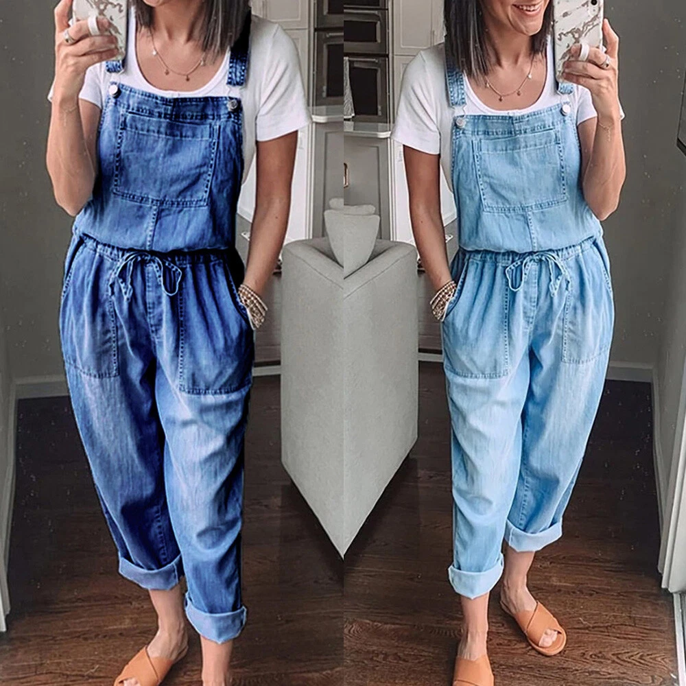 New Womens Oversized Baggy Casual Denim Dungarees Jeans Jumpsuit Pants  Overalls