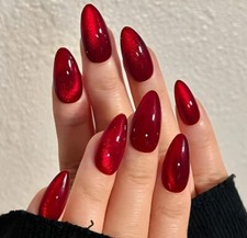 24 Long RED CAT EYE Press on Nails kit w glue galaxy magnet