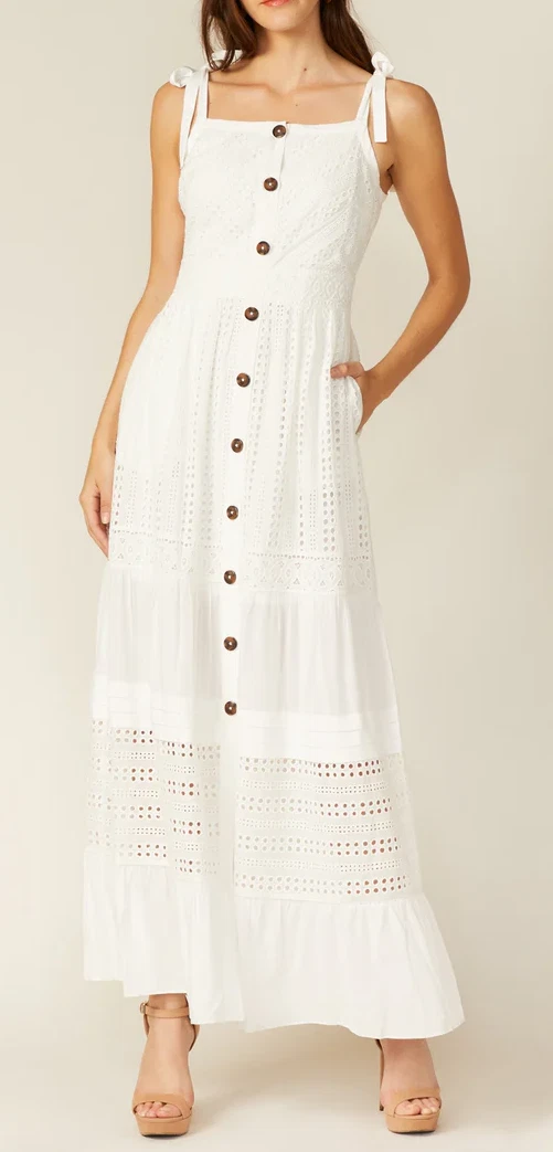 New Adelyn Rae Janella Eyelet Lacey Maxi Dress Women's Size M White Tiered  Skirt | eBay