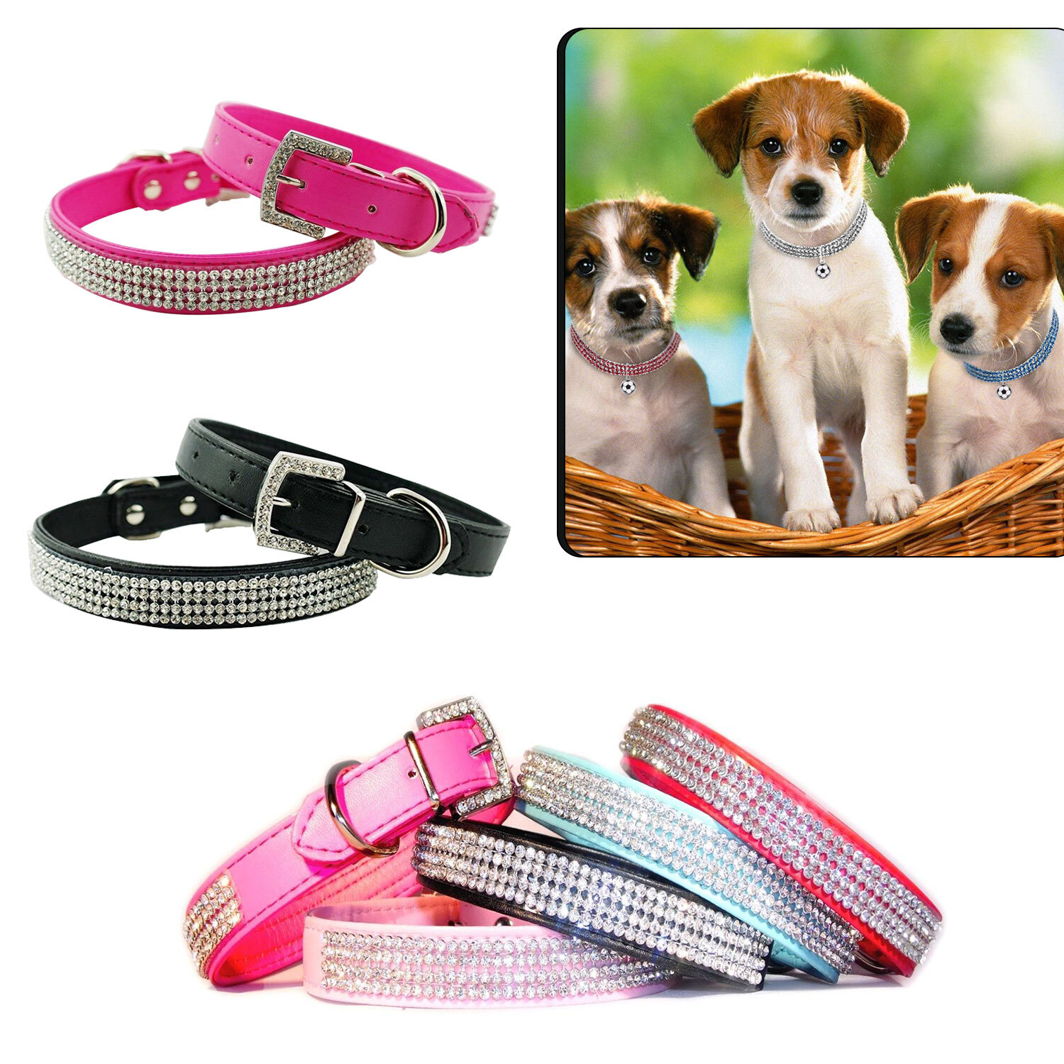 Diamante Dog Collar Rhinestone PU Leather For Puppy Dogs Cats
