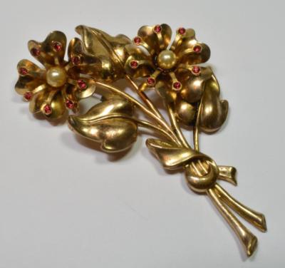 Vintage 40er Jahre Signierte CORO Gold Vermeil Rote Rhinestones BOUQUET Brosche