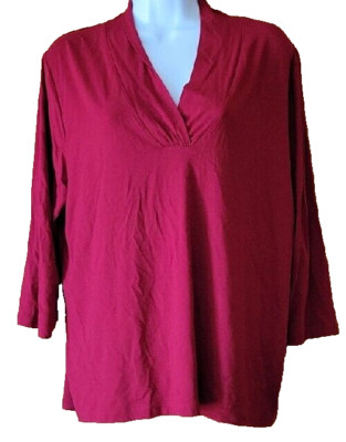 Red Top Knit Shirt 1X Talbots Women Burgundy V Neck 3/4 Sleeve Stretch Casual