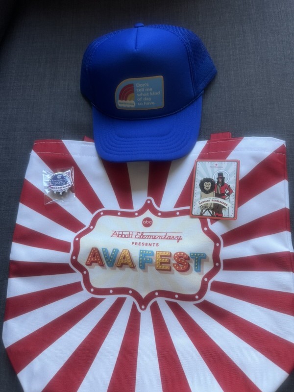 SDCC 2024 D23 Abbott Elementary Exclusives Hat, Pin, Bag and Card