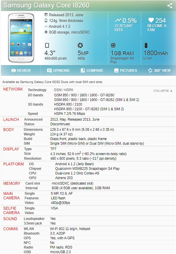 Samsung Galaxy Core i8260 Unlocked 8GB 5MP 3G Android Touch Screen Bluetooth  - Image 3 of 4