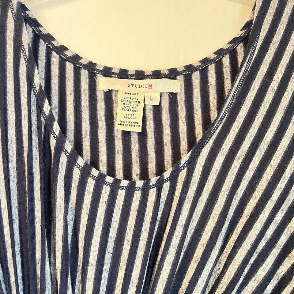 Vestido midi para mujer gris marino a rayas torcido delantero L elástico manga gorra tejido suave Foto 3 de 4