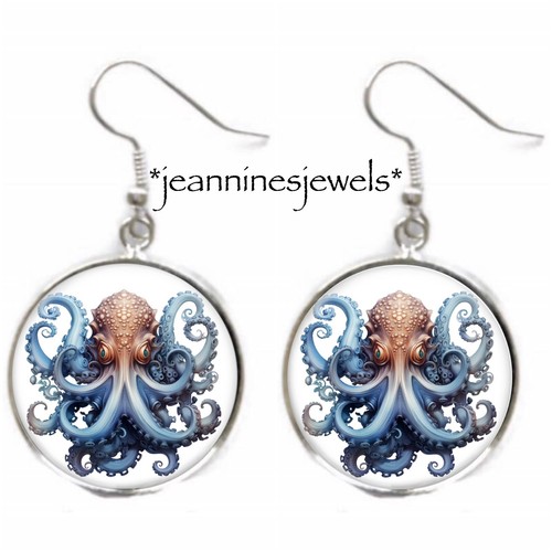 Octopus EARRINGS Silver Charm Drop Dangle Watercolor Kraken Art Print Earrings - Picture 8 of 12