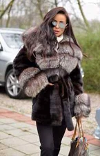 Women's Genuine Silver Fox Fur Collar Real Mink Fur Coat All sizes