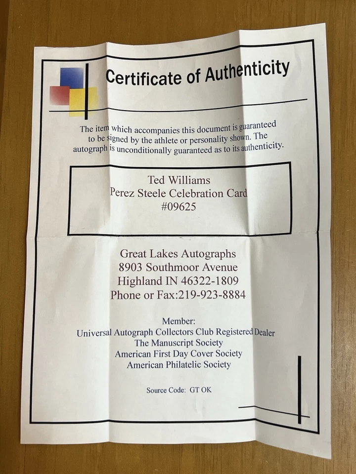 Ted Williams Auto Signed Card Perez Steele Celebration #09625 W/ COA - Image 4 of 4