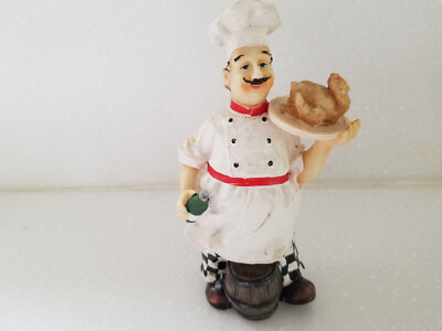 Fat Chef Figurine Holding Turkey & Bottle of Wine and Barrel at his Feet 7.5''