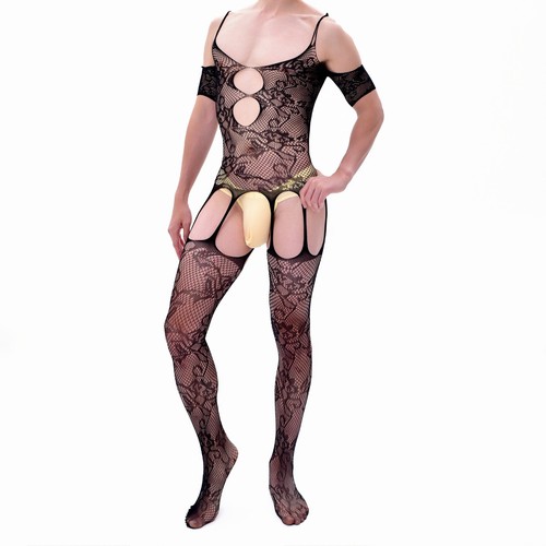 Men Lace Jumpsuit Sexy Corset See-through One-Piece Bodysuit Bra Underwear Sissy - Picture 4 of 10