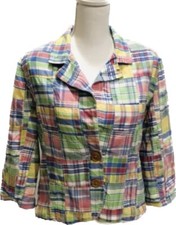 Lily Stanhope Jacket Plaid Patchwork Size 8 Wooden Buttons 3/4 Sleeve Womens
