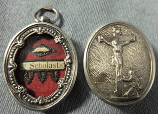 ANTIQUE SILVER THECA CASE WITH A RELIC OF ST.SCHOLASTICA OF NURSIA FOUNDRESS