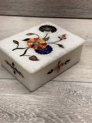 White Marble Inlay Jewelry Box 4 x3 