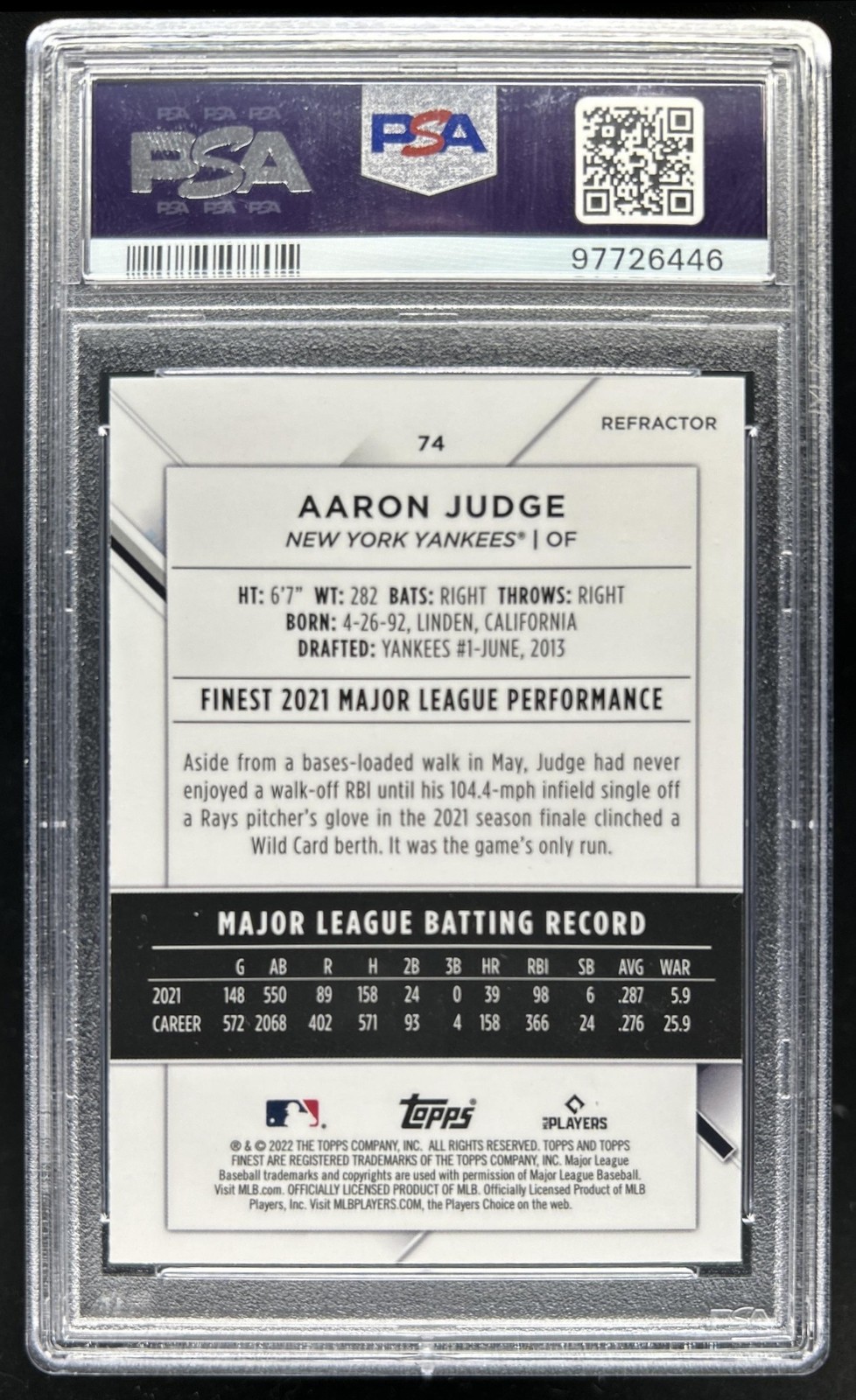 2022 Topps Finest Aaron Judge Refractor #74 New York Yankees PSA 10 GEM MINT view 2