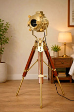 Vintage Nautical Tripod Floor Lamp Brass Marine Searchlight Industrial Spotlight