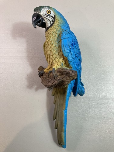 Blue Yellow Macaw Parrot Figurine Statue Resin Tropical Bird Branch 13in Decor