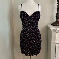 Victoria's Secret Slip Dress Ruched Rose Heart Black Print Size Large