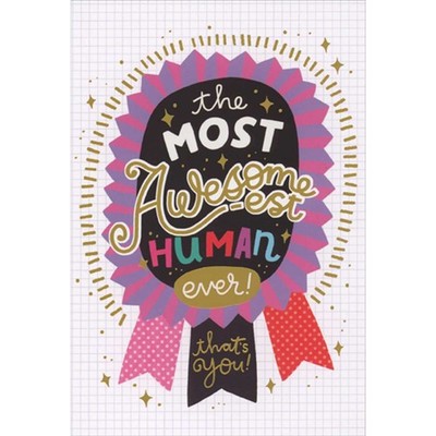Most Awesome-est Human Ever Ribbon Award Over Grid Pattern Birthday Card