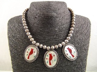 40g 16" Native Sterling Silver Coral Bird Inlay Bench Bead Necklace Navajo