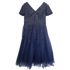 Mac Duggal Beaded Tulle Tea Gown Sz 10 Sequin Cocktail Formal Evening Navy Blue