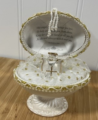 Vtg Angel Handmade Egg Decorated Hinged Plastic Glass Words To Protect