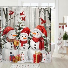 Christmas Snowman Shower Curtain Winter Pine Tree Snowy Forest Bathroom Curta...