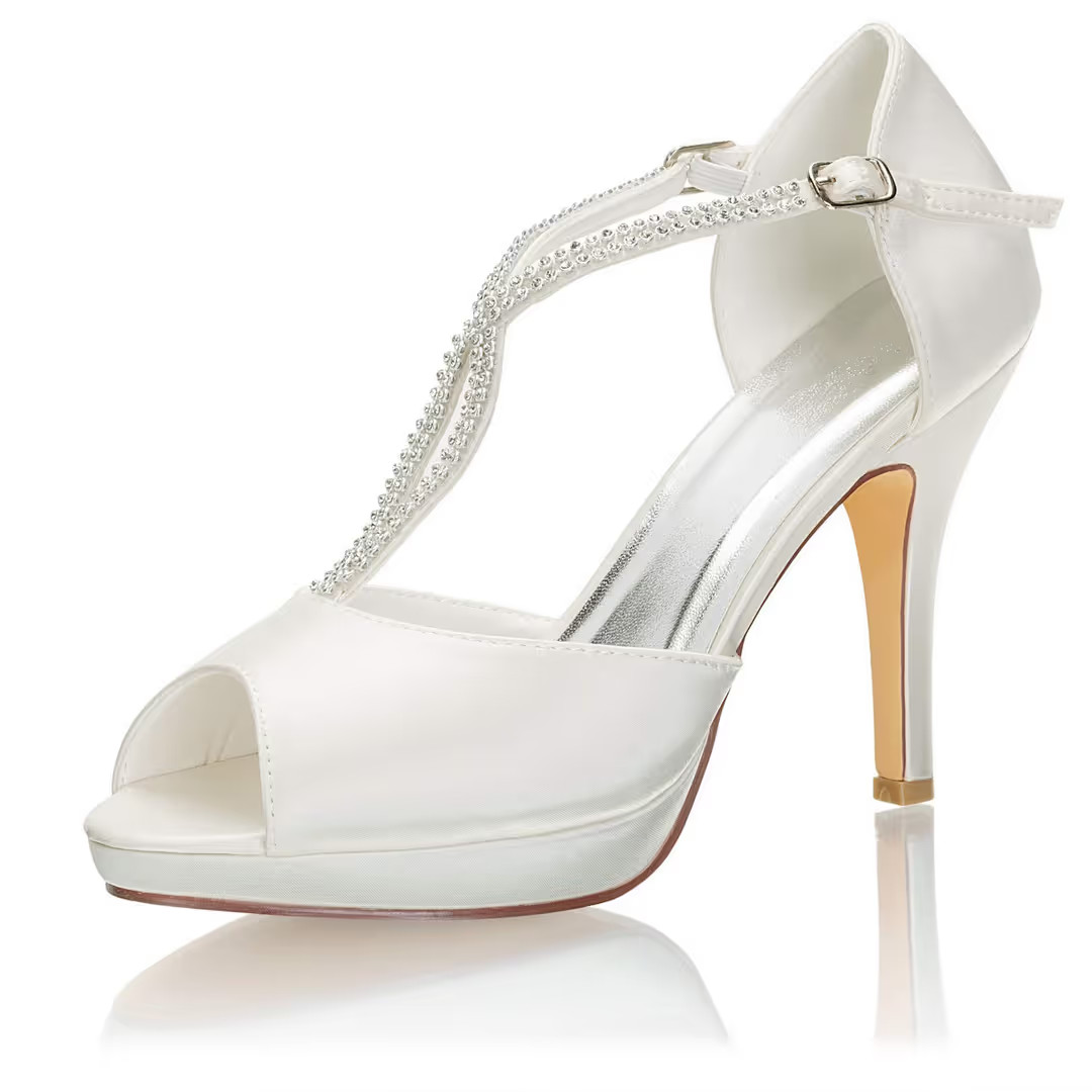 Zapatos de novia Emily satinados peep toe tipo T zapatos de novia de tacón alto PVP £33