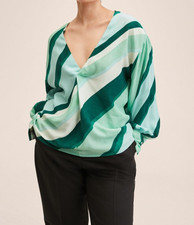 Mango Women Multi Green Tones Striped V-Neck Long Sleeve Tunic Top Size 14