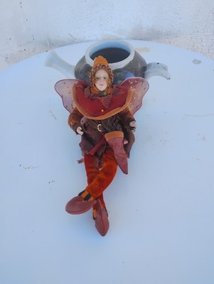 Shelf Sitter Fairy Pixie Elf Autumn Wings Posable Vintage Orange,Red