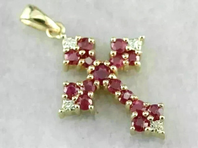 2Ct Round Cut Lab Created Red Ruby Cross Necklace 18'' 14K Yellow Gold Plated