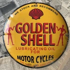 VINTAGE GOLDEN SHELL OIL FOR MOTORCYCLES 12 INCH CONVEX PORCELAIN ENAMEL SIGN