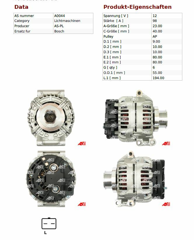 As-Pl Alternator Generator for Dacia Logan Nissan Kubistar Renault Clio