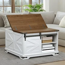 White Farmhouse Coffee Table with Storage, Large Square Coffee Tables