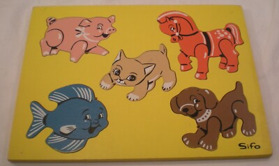 Vintage Childrens Sifo Wooden Puzzle 12''x9'' Fish Cat Dog Pig Horse