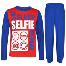 Kids Girls Boys Red  Blue Pajamas Eat Sleep Selfie Repeat Loungewear PJS 2-13Yr