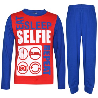 Kinder Mädchen Jungen rot & blau Pyjama essen schlafen Selfie wiederholen Loungewear Pyjama 2-13 Jahre