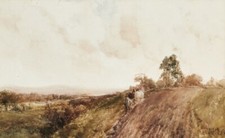 Quadro acquerello John Falconer Slater 1857-1937 paesaggio cielo antico firmato