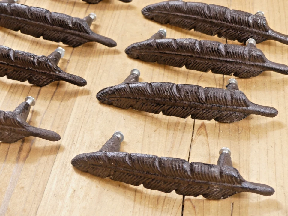 12 Drawer Pulls W/ Screws Handles Knobs Rustic Feather Cast Iron Kitchen Cabinet - Image 3 of 4