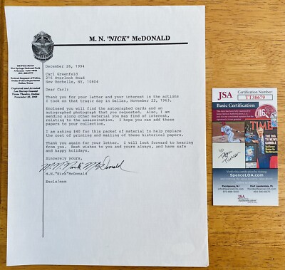 Nick McDonald Signed Autographed Typed Letter JSA Cert Lee Harvey Oswald TLS