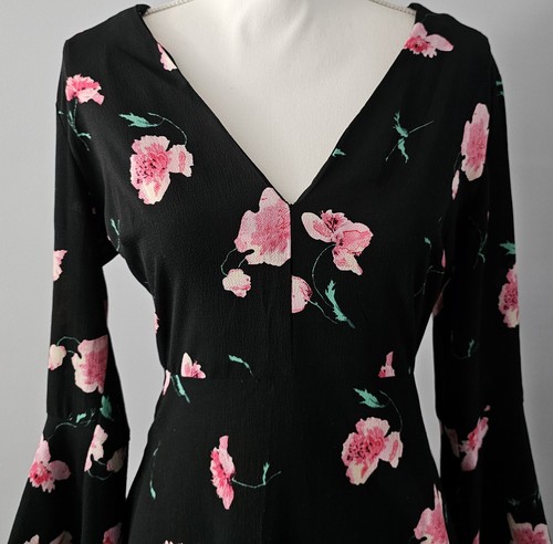 women ATMOSPHERE black DRESS floral print BELL SLEEVES mini ABOVE KNEE size 6 - Picture 2 of 11