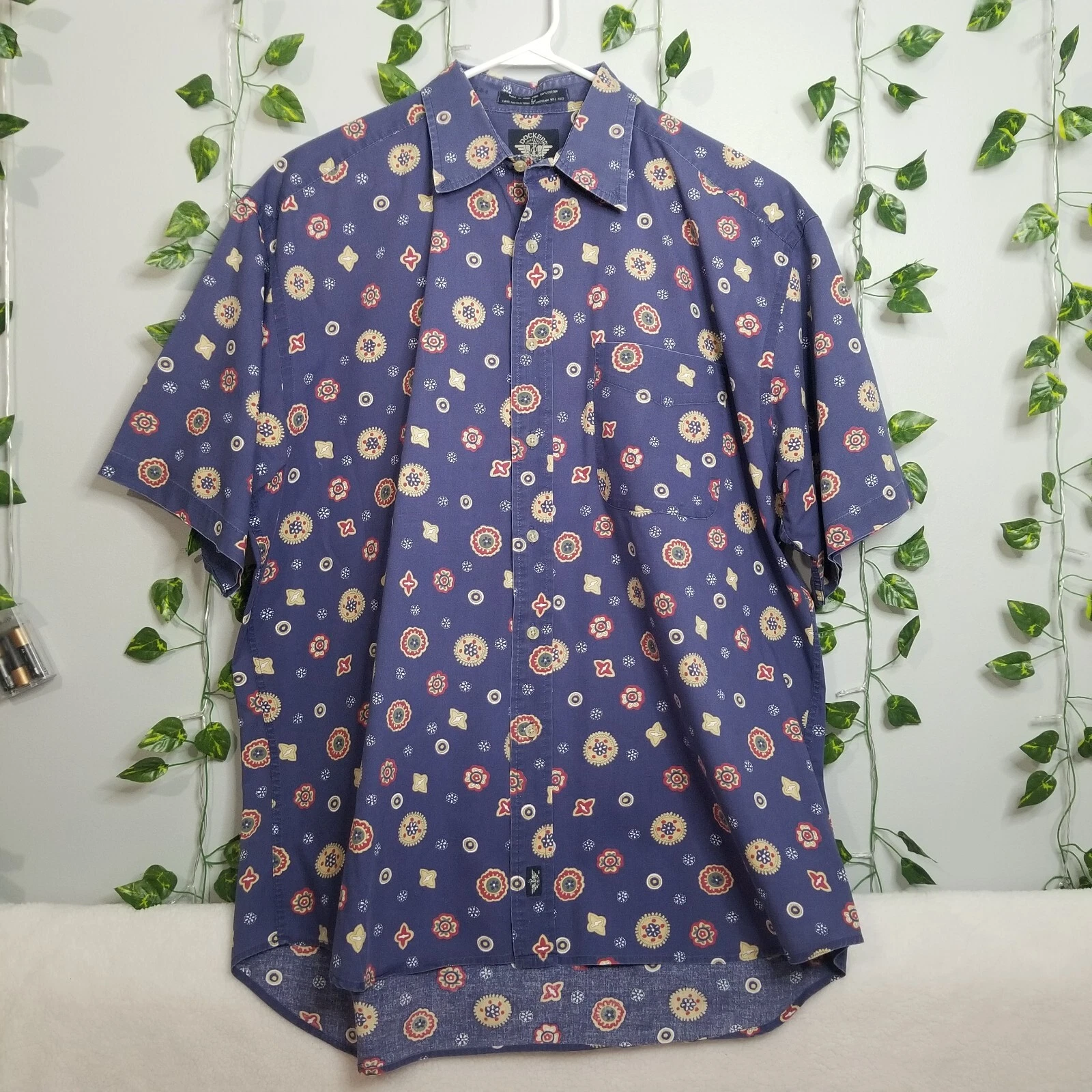 Vintage Dockers Levi's Hong Kong Blue Floral UNIQUE Mens Lrg Button Up Shirt