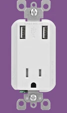15A 125V Dual USB Charger Wall Outlet White With 2 USB Ports & 1 Standard Outlet