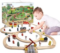 Play Build Wooden Train Set For Kids - 100 Piece Complete Toddler Train Set