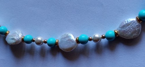 Collana perle irregolari di fiume+perle di majorca+tondi pasta di turchese+croce - Picture 14 of 16