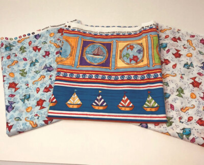 Beach Fabric Panel And Coordinating Fish Fabric 3 Y Total Cotton Quilt Flaw* F35