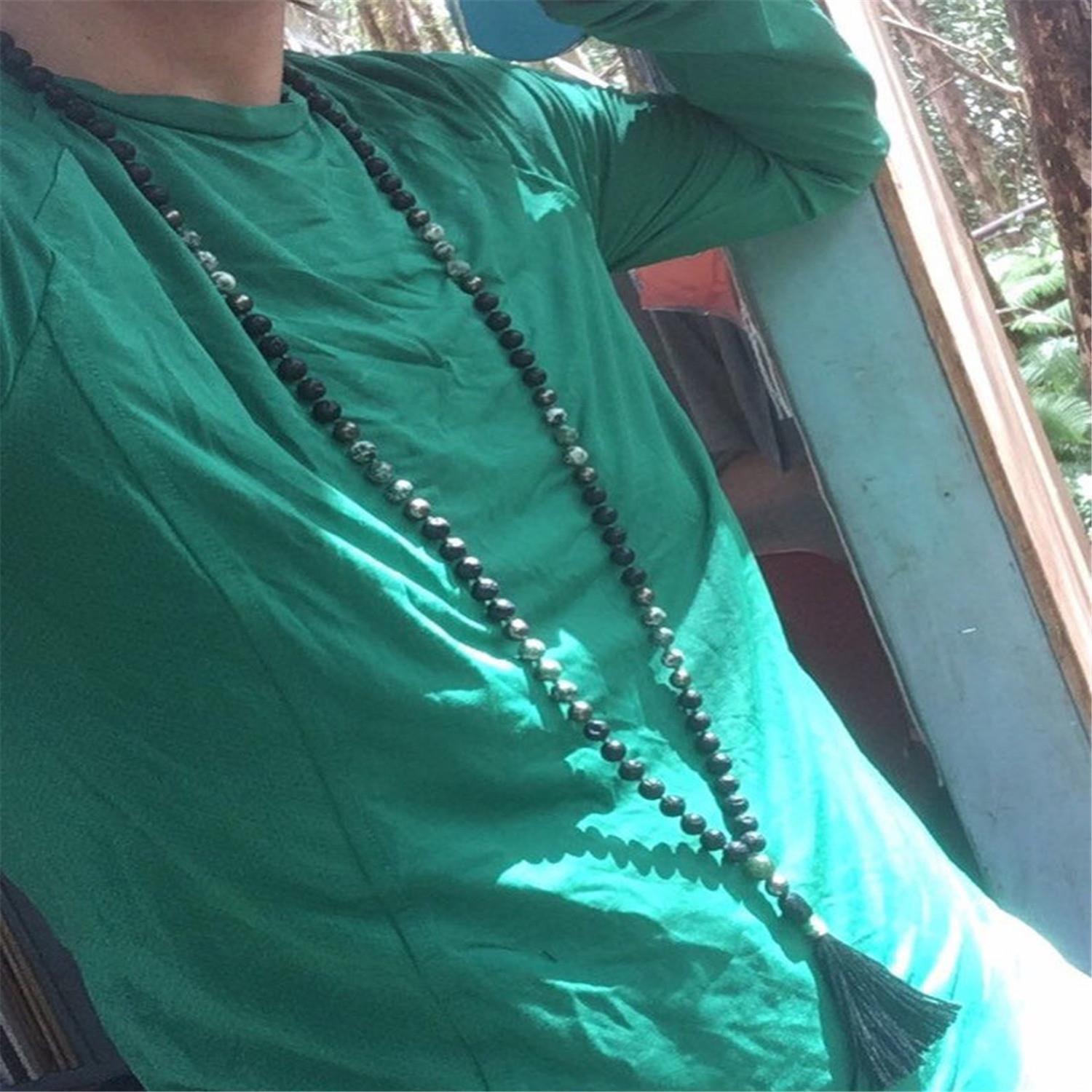 8mm Tree Agate Lava Stone 108 Beads Handmade Tassel Necklace Zen Meditation