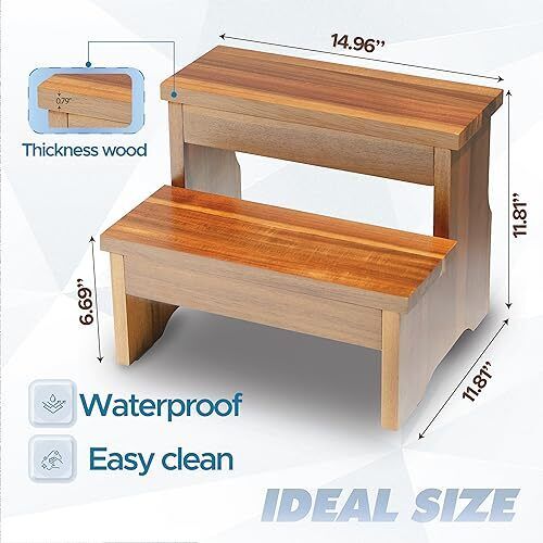 Wooden Two Step Stool - Heavy Duty 2 Step Stool for Adult and Kids - Holds up... - Picture 3 of 5