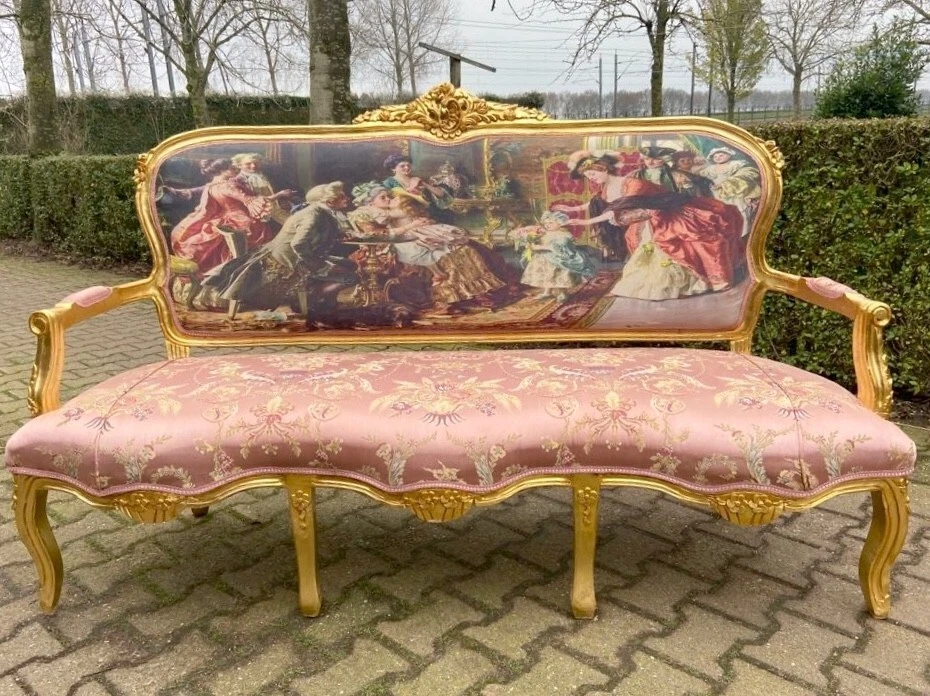 Sofá con Sillas Francés Luis XVI Rosa Damasco Madera Dorada Conjunto De Colección Raro Foto 2 de 4