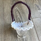 Fenton Opalescent Hobnail Basket with Purple Bamboo Handle White Vintage