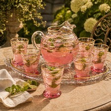 Macbeth Evans Pink Glass Pitcher Set Gold Stripe 6 Glasses Vintage Depression Er